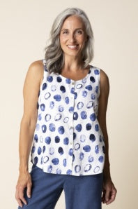 LINEN DOT PLEAT BACK BUTTON TANK WHITE